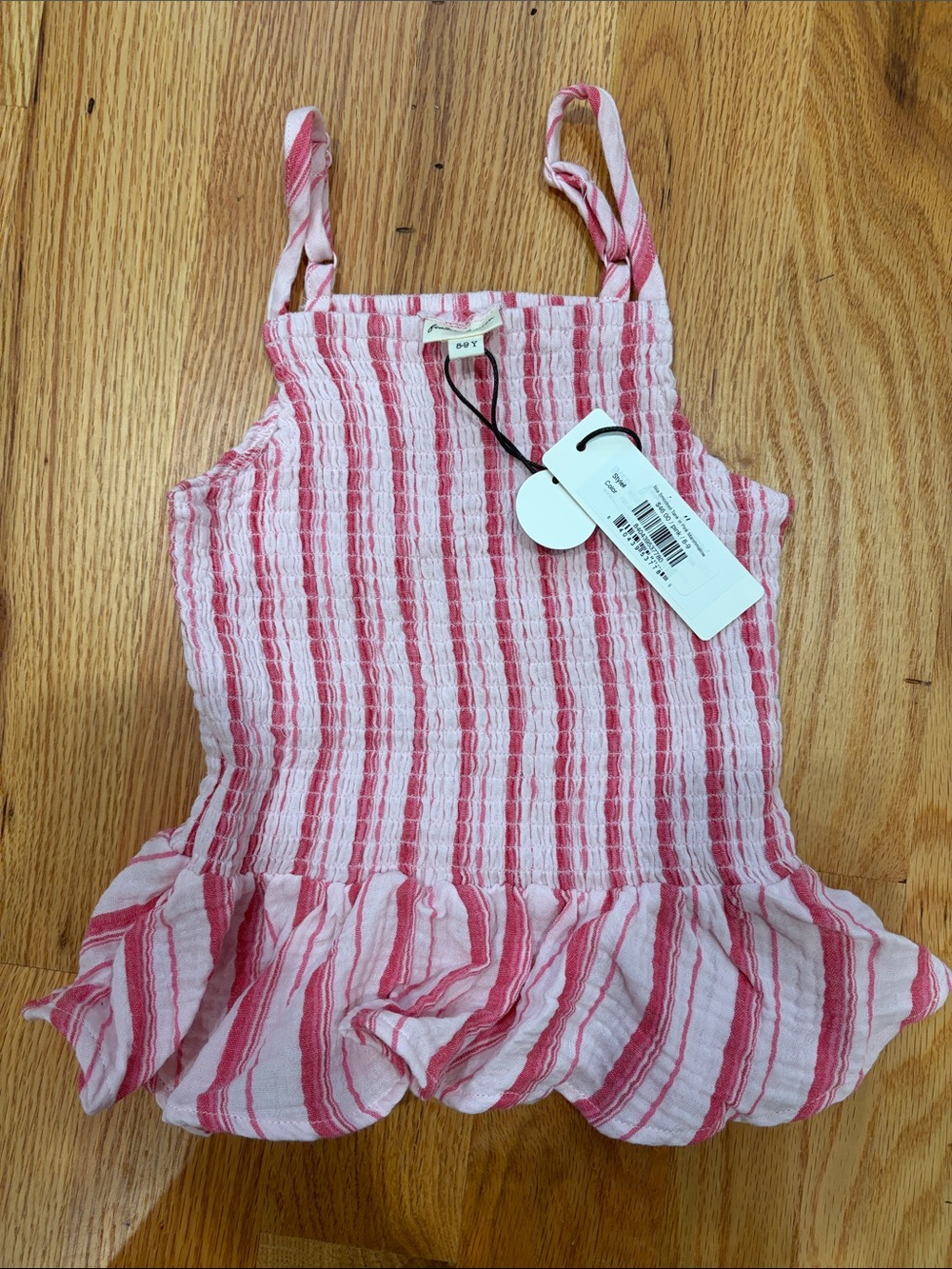 Girls Pink Striped Smocked Tank Top with Ruffle Hem